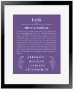 Luis personalized name meaning print in purple with black matte frame