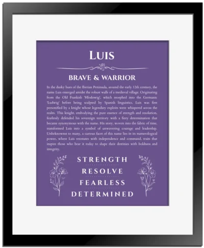 Luis personalized name meaning print in purple with black matte frame