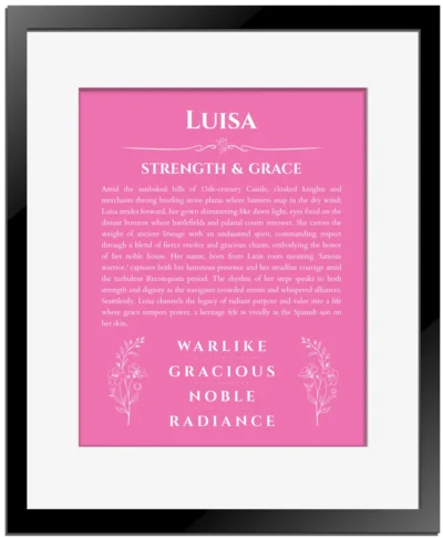 Luisa name meaning wall art by Get Your Story in pink with black matte frame