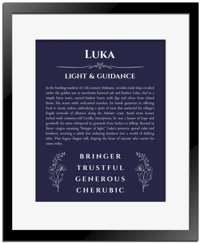 Luka custom name print for wall display in navy blue with black matte frame