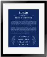 Lukah personalized wall art with the story of your name in deep blue with black matte frame