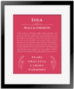 Lula custom name art showing meaning and origin in red with black matte frame