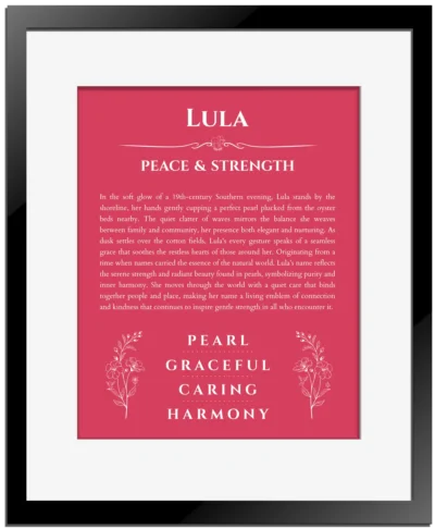 Lula custom name art showing meaning and origin in red with black matte frame