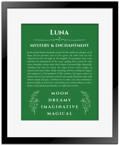 Luna custom name print for wall display in dark green with black matte frame