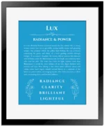 Lux personalized name art with origin story in blue with black matte frame