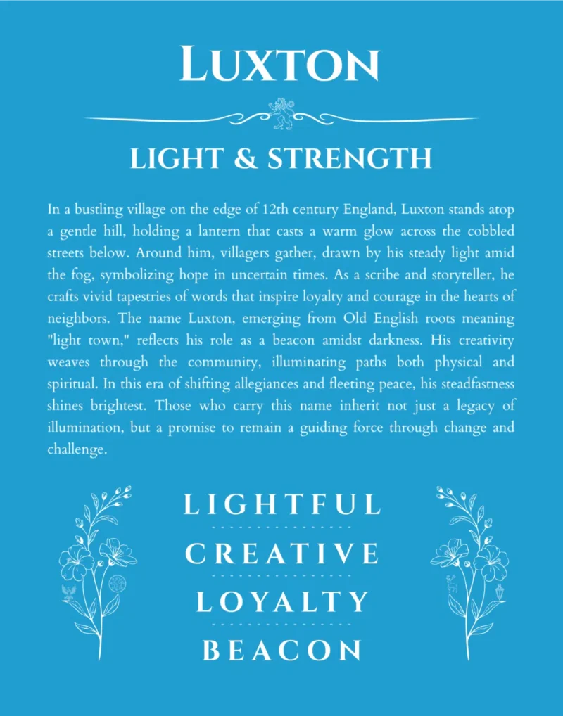 Luxton personalized name print with origin and traits in blue