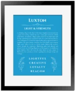 Luxton personalized name print with origin and traits in blue with black matte frame
