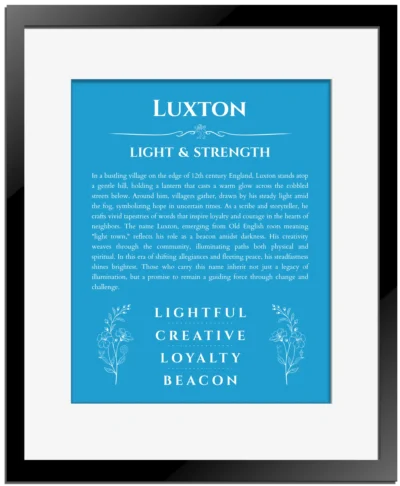 Luxton personalized name print with origin and traits in blue with black matte frame