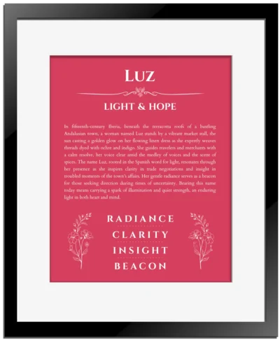 Luz custom name print for wall display in red with black matte frame