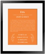 Lya custom name meaning print in orange with black matte frame