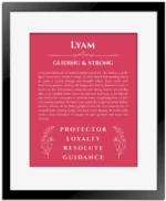 Lyam personalized name art with origin story in red with black matte frame