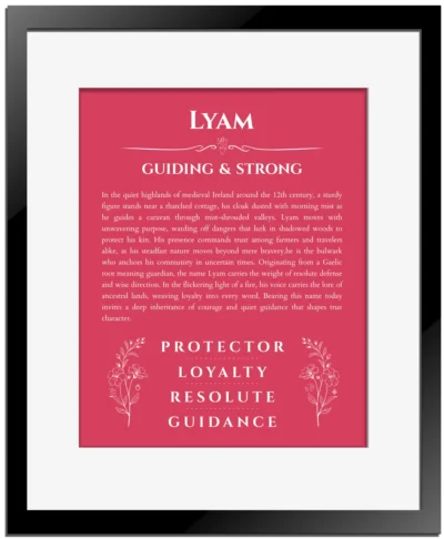 Lyam personalized name art with origin story in red with black matte frame