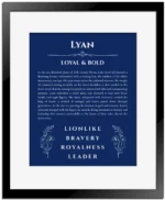 Lyan name meaning gift print in deep blue with black matte frame