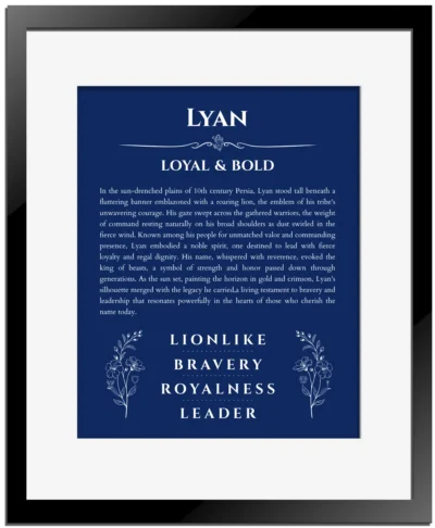 Lyan name meaning gift print in deep blue with black matte frame