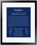 Lyanna personalized wall art with the story of your name in deep blue with black matte frame