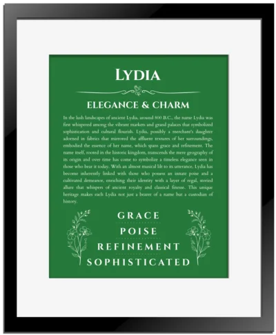 Lydia custom name meaning print in dark green with black matte frame