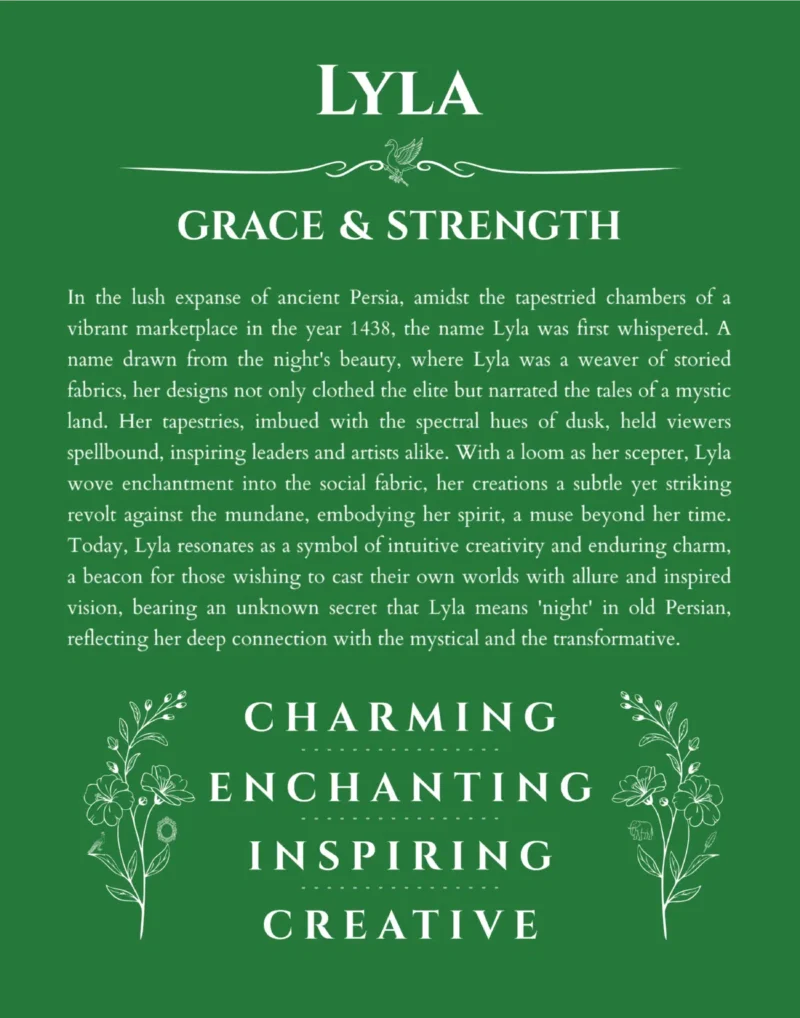 Lyla name meaning wall art by Get Your Story in dark green