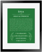 Lyla name meaning wall art by Get Your Story in dark green with black matte frame