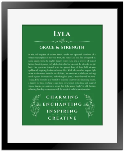 Lyla name meaning wall art by Get Your Story in dark green with black matte frame