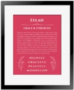 Lylah custom name art showing meaning and origin in red with black matte frame