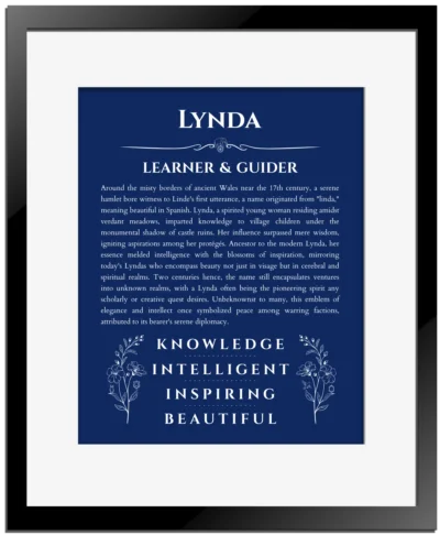 Lynda name meaning wall art by Get Your Story in deep blue with black matte frame
