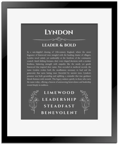 Lyndon name meaning gift print in gray with black matte frame