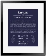 Lynlee personalized wall art with the story of your name in navy blue with black matte frame