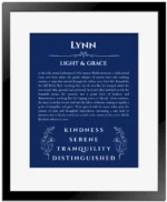 Lynn custom name print for wall display in deep blue with black matte frame