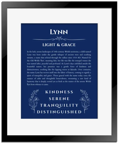 Lynn custom name print for wall display in deep blue with black matte frame