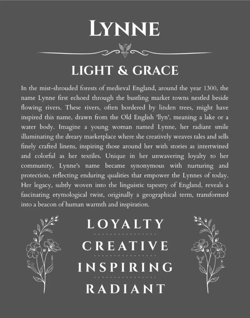 Lynne personalized name print with origin and traits in gray