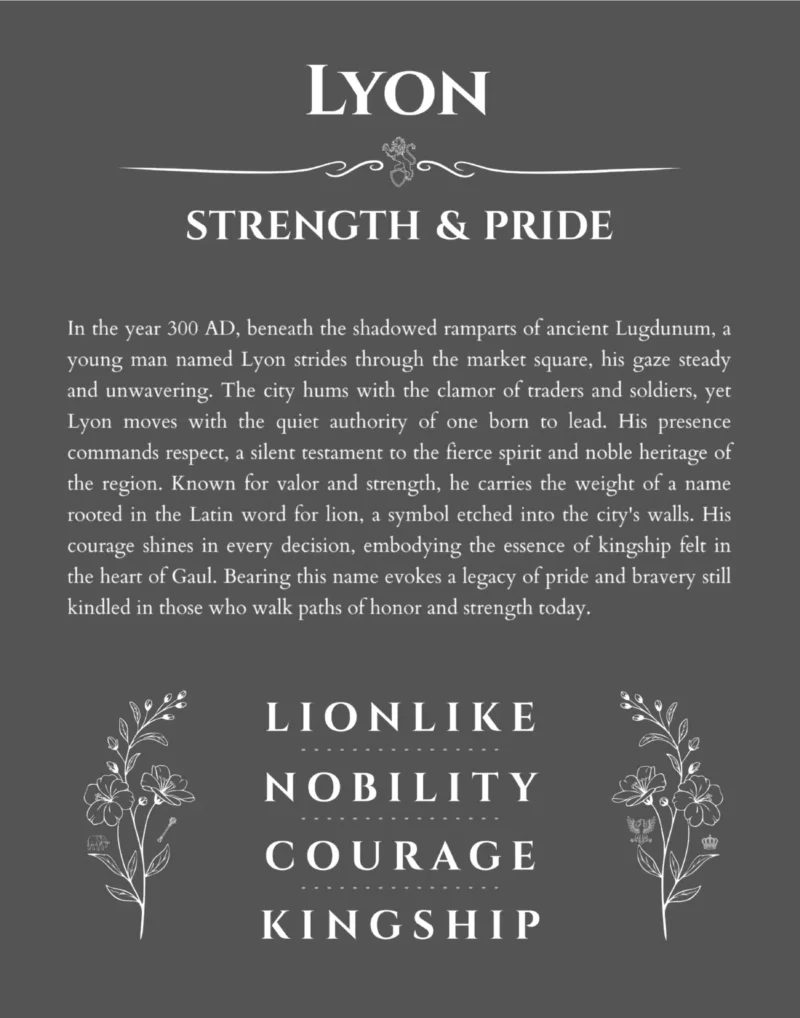 Lyon personalized name art with origin story in gray