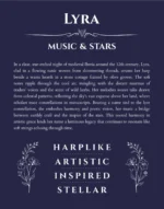Lyra name origin print with meaning and traits in navy blue