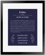 Lyra name origin print with meaning and traits in navy blue with black matte frame