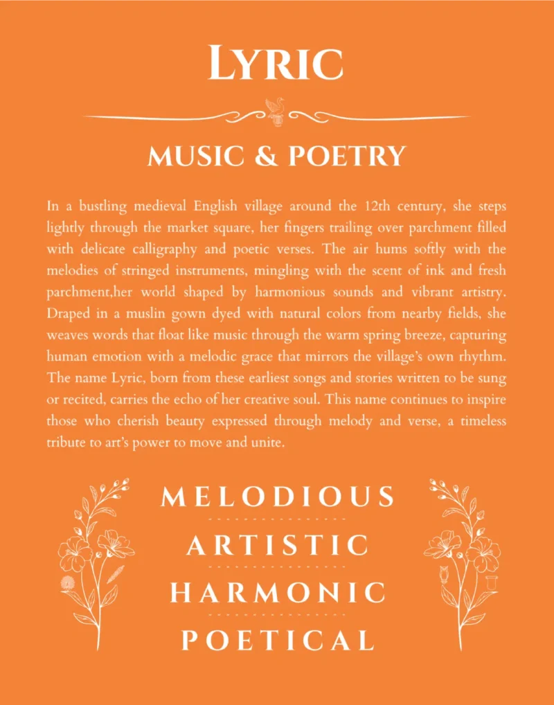 Lyric name origin print with meaning and traits in orange