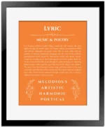 Lyric name origin print with meaning and traits in orange with black matte frame