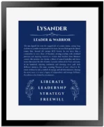 Lysander personalized wall art with the story of your name in deep blue with black matte frame