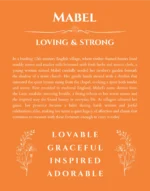 Mabel name origin print with meaning and traits in orange