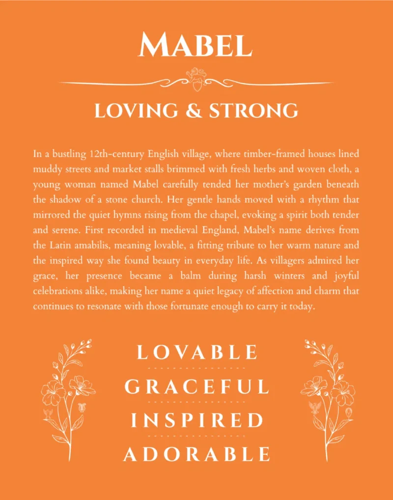 Mabel name origin print with meaning and traits in orange