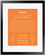Mable custom name meaning print in orange with black matte frame