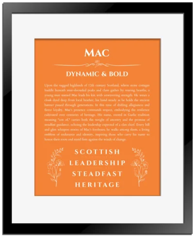 Mac personalized name meaning print in orange with black matte frame