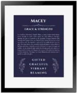 Macey custom name meaning print in navy blue with black matte frame