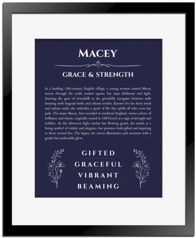 Macey custom name meaning print in navy blue with black matte frame