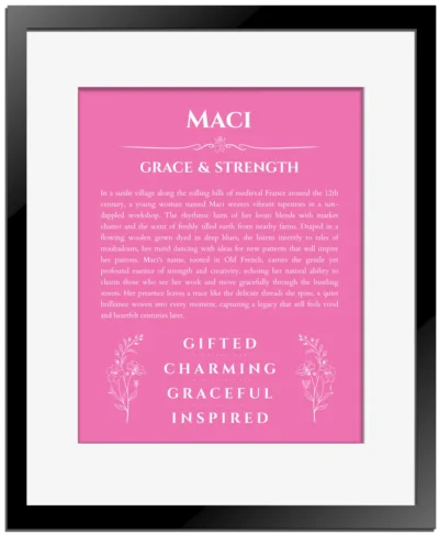 Maci personalized name meaning print in pink with black matte frame