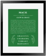 Macie name meaning wall art by Get Your Story in dark green with black matte frame