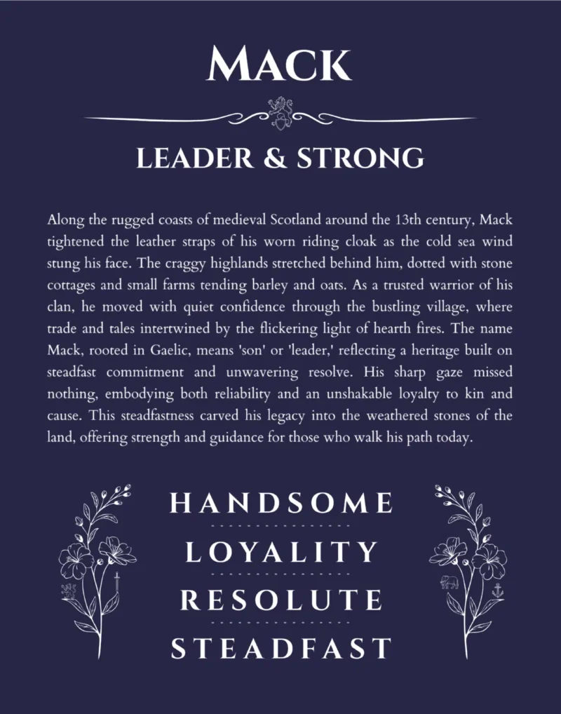 Mack name origin print with meaning and traits in navy blue