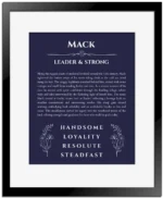 Mack name origin print with meaning and traits in navy blue with black matte frame