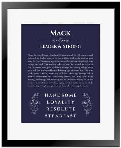 Mack name origin print with meaning and traits in navy blue with black matte frame