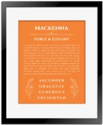 Mackenna personalized name meaning print in orange with black matte frame
