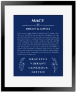 Macy name meaning wall art by Get Your Story in deep blue with black matte frame