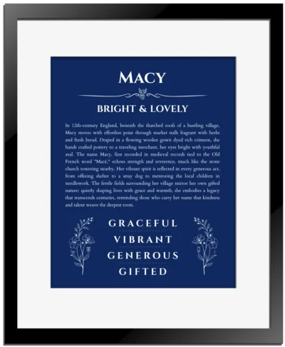 Macy name meaning wall art by Get Your Story in deep blue with black matte frame
